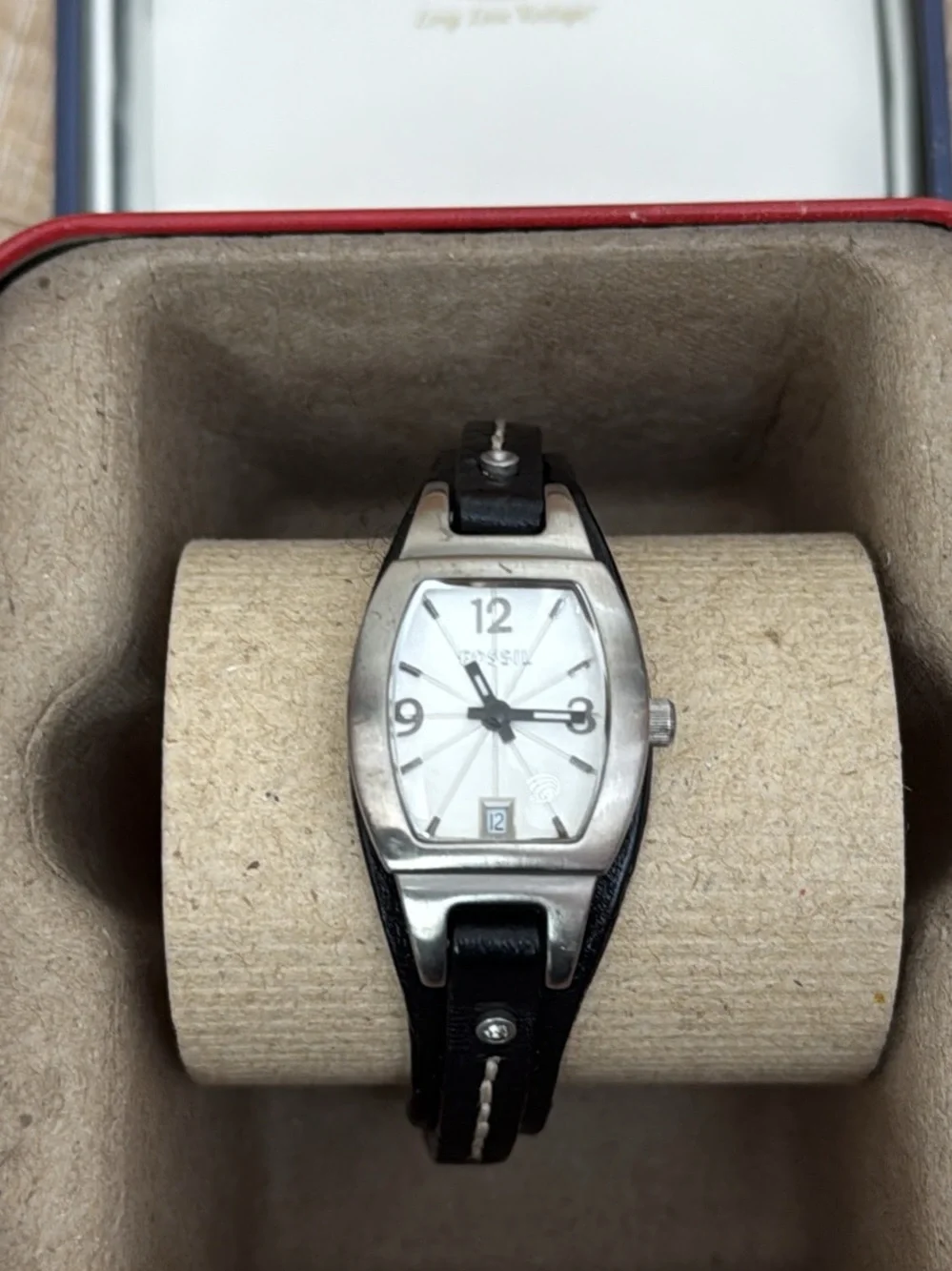 Fossil Women's Silver Dial Watch with Black Leather Strap